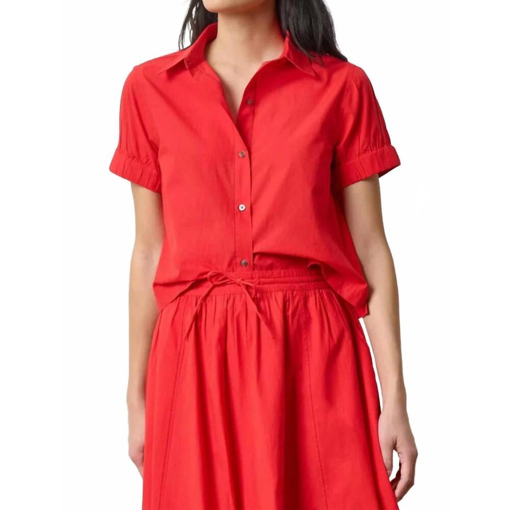 NEW LILLA P elastic cuff button down top in red